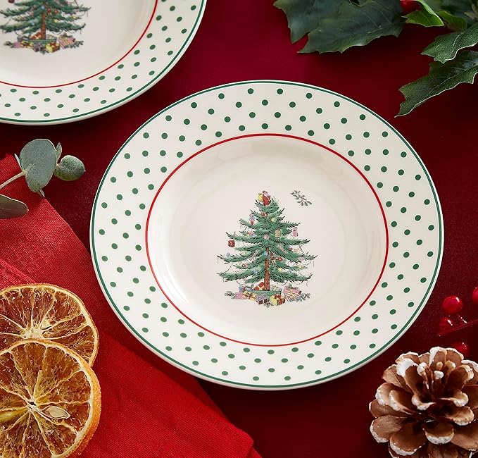 Spode Christmas Tree 6" Polka Dot Tidbit Plates (Set of 4) - Round Appetizer Plates with Festive Polka Dot Border - Dishwasher, Microwave & Freezer Safe Porcelain for Holiday Entertaining