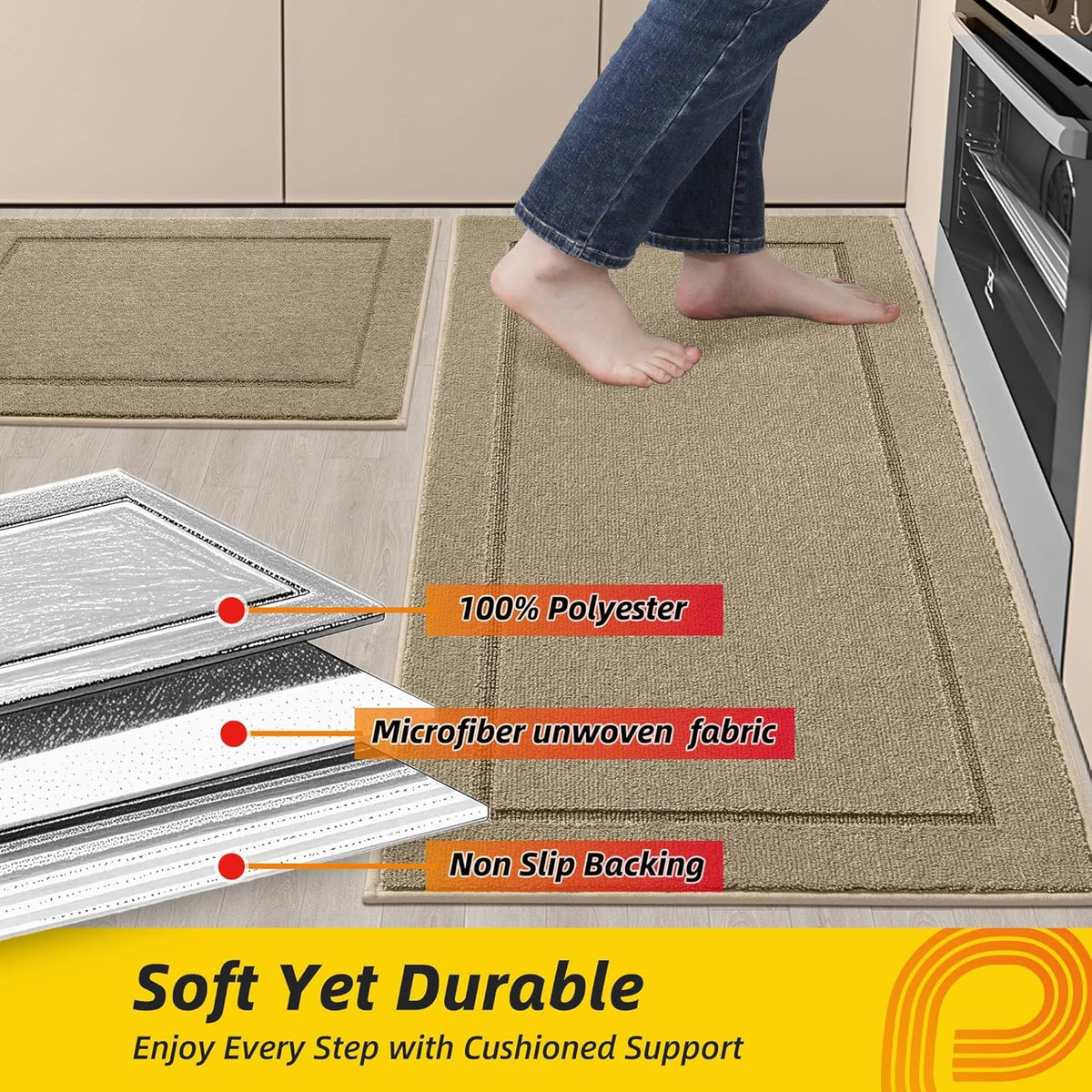 JSEI Non-Slip Kitchen Mats, Self Adhesive No Sliding Kitchen Rugs Set of 2, Washable Absorbent Floor Mat for Kitchen, Bathroom, Laundry Room, Bedroom, 20”x32”+20”x48”, Beige, Rectangular Pattern