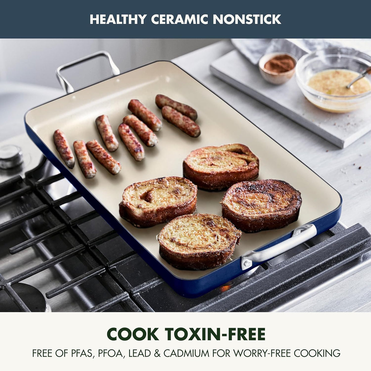 GreenPan 18" x 11" Double Burner Griddle Pan, Hard Anodized Healthy Ceramic Nonstick PFAS-Free, Stainless Steel Handles, Stovetop Cooking, Dishwasher Safe, Oven & Broiler Safe Cookware, Oxford Blue