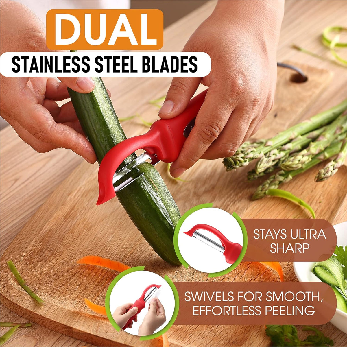 Spring Chef Premium Swivel Vegetable Peeler, Soft Grip Handle and Ultra Sharp Stainless Steel Blades - Perfect Kitchen Peeler For Veggie, Fruit, Potato, Carrot, Apple - Red