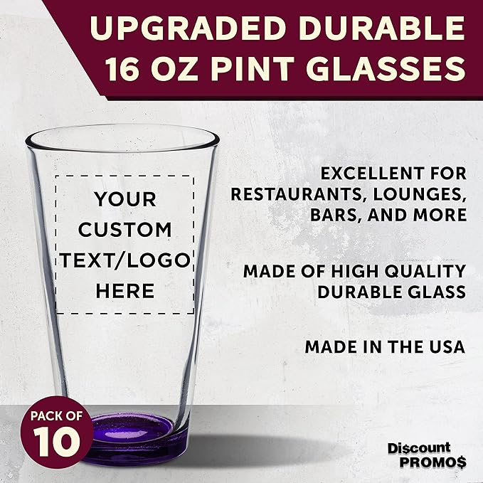 Custom Arc Pint Glass 16 oz. Set of 10, Personalized Bulk Pack - Beer Glasses, Heavy Duty Drinkware - Purple