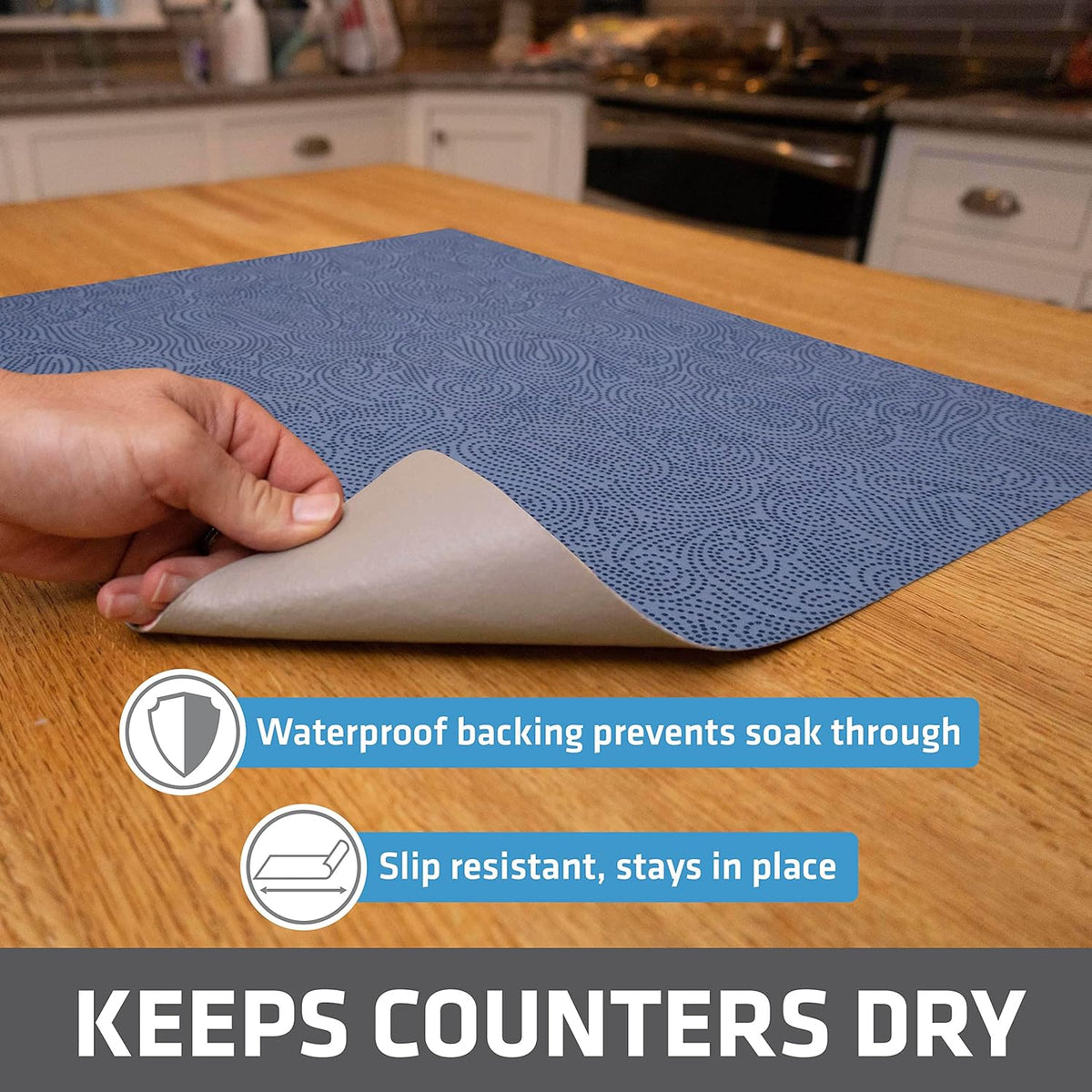 Drymate XL Dish Drying Mat, Oversized (19”x24”), Low-Profile, Super Absorbent, Quick Dry Fabric, Waterproof & Slip-Resistant, for Kitchen Counter, Trimmable, Easy to Clean (USA Made)(Blue)