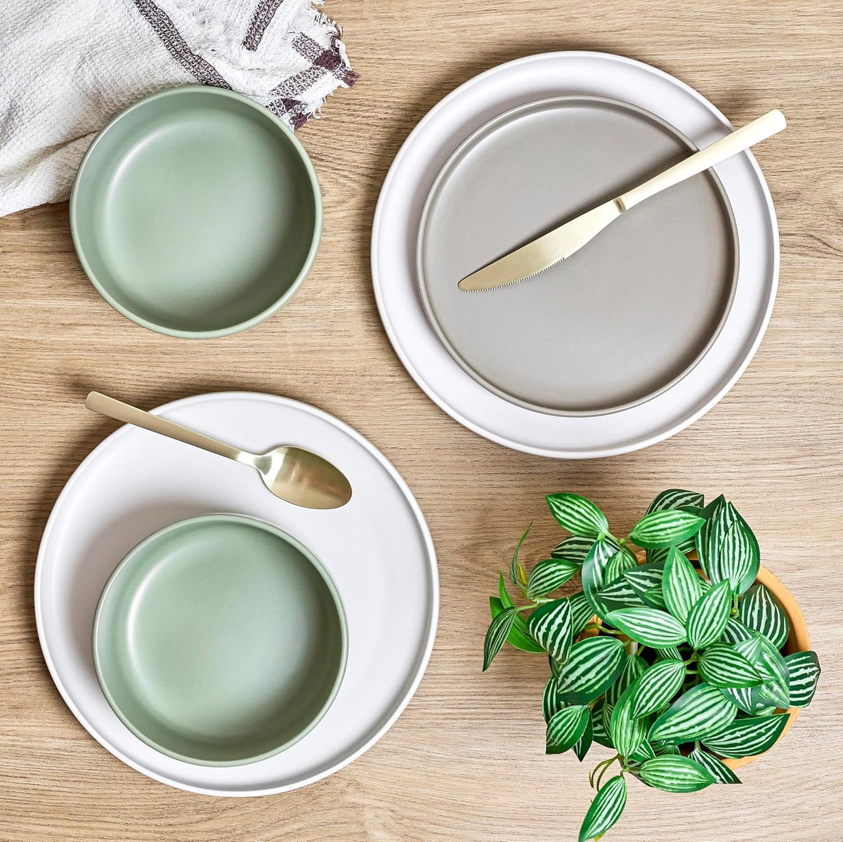 Sango Rollo Alta 12-Piece Modern Stoneware Dinnerware Set- Sage/Sand/White, Includes Dinner & Salad Plates, Cereal Bowls, Microwave & Dishwasher Safe, Highly Chip and Crack Resistant, Service for 4