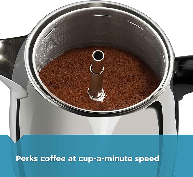 Farberware Electric Coffee Percolator, FCP240, Stainless Steel Basket, Automatic Keep Warm, No-Drip Spout, 4 Cup, Black/Silver