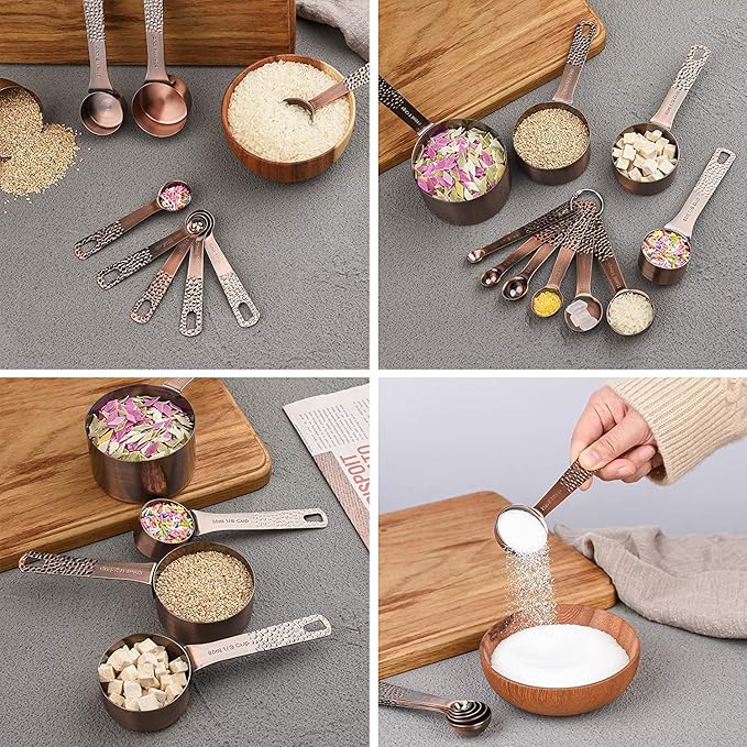 Measuring Cups and Spoons Set 12, Metric & US Copper Measuring Cups and Spoons set for Dry & Liquid, Stainless Steel 5 Measure Cup and 6 Measurf Spoon with 1 Leveler
