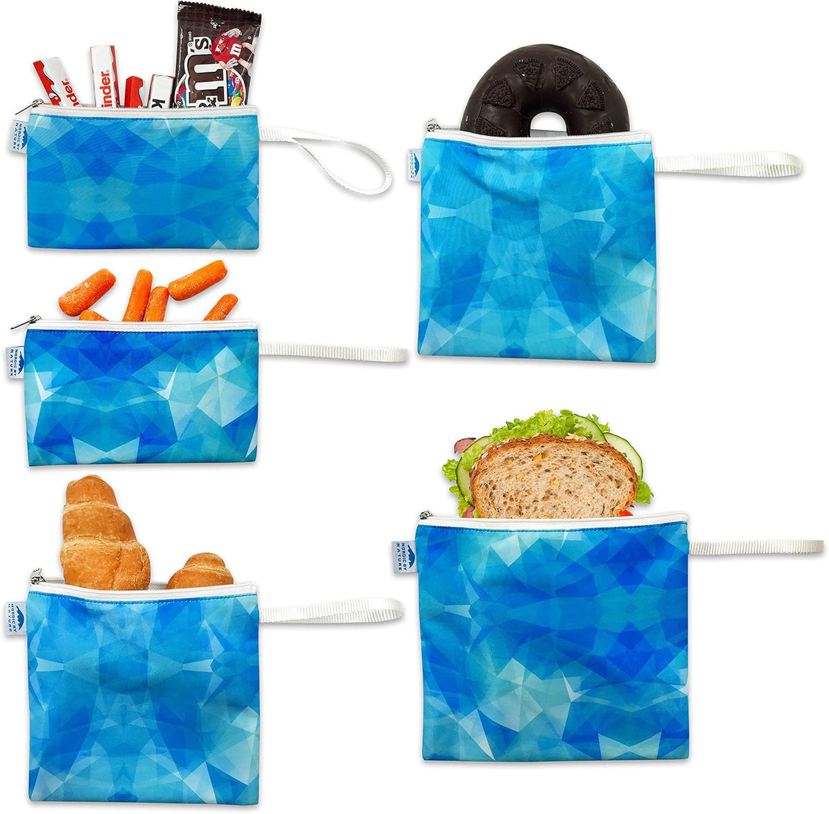Nordic By Nature Reusable Sandwich Bag Snack Bags - Value Pack of 5 Dual Layer Lunch Baggies - Dishwasher Safe - Eco Friendly Cloth Wraps - Easy Open Zipper (Blue Ice)