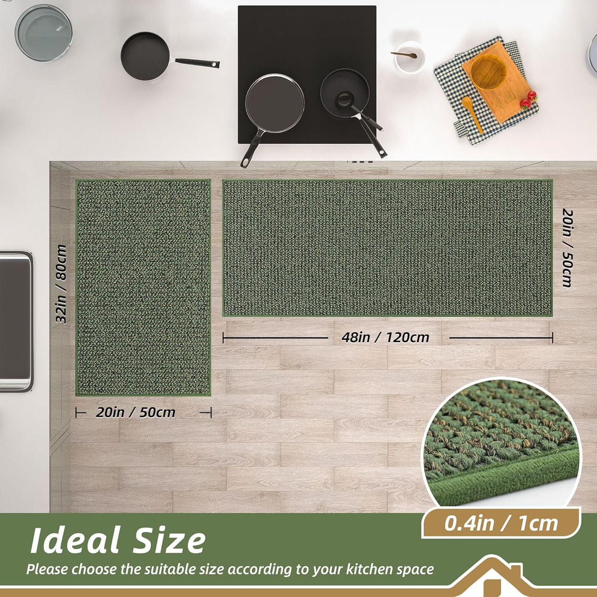 BEQHAUSE Kitchen Rugs and Mats 2PCS, Non-Slip Kitchen Mats for Floor, Absorbent and Stain Resistant Kitchen Runner, Machine Washable Rugs for Kitchen, Laundry & Sink, 20"x32"+20"x48", Green
