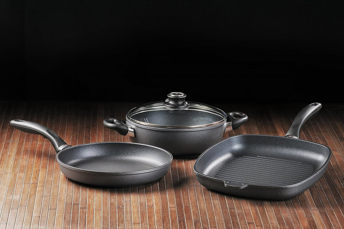 Swiss Diamond 4-Piece Set Nonstick Diamond Coated Aluminum W/Lid Casserole Pan & Grill Fry Pan, Dishwasher/Oven Safe Grey