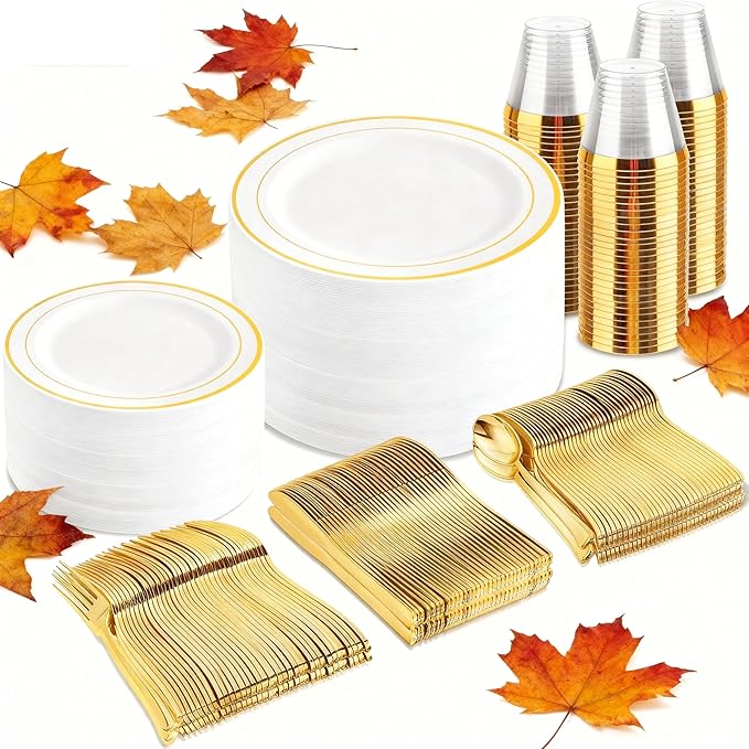 bUCLA 300PCS Gold Disposable Dinnerware Set - White and Gold Plastic Plates - Include 50 Each (Dinner&Dessert) Plates,50 Knives,50 Forks,50 Spoons,50 Cups for Party & Thanksgiving Table Decor