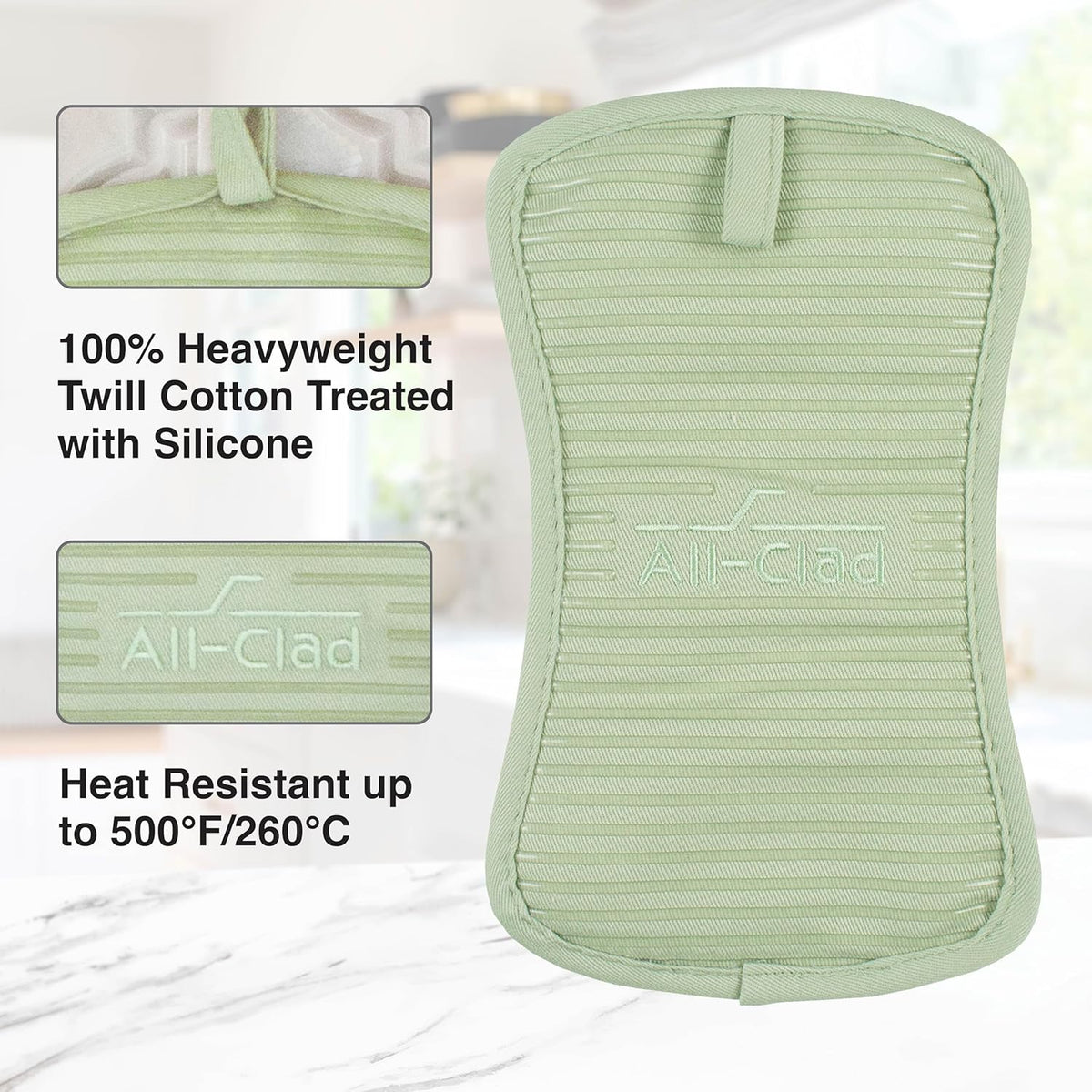 All-Clad Premium Pot Holder & Heating Pad, (2-Pack) Heat Resistant to 500 Degrees, 100% Cotton 10"x6.25" for Kitchen and Barbeque, Fennel