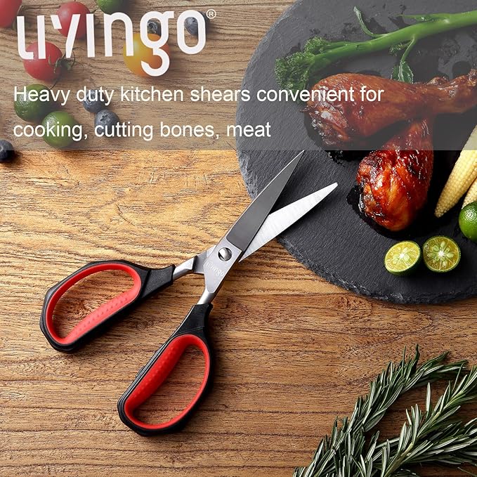 LIVINGO Kitchen Shears Heavy Duty: Cooking Scissors Dishwasher Safe Come Apart Sharp Forged Stainless Steel Blade Utility Food All Purpose for Cutting Poultry Chicken Meat Bones Vegetable, 8.5 inches