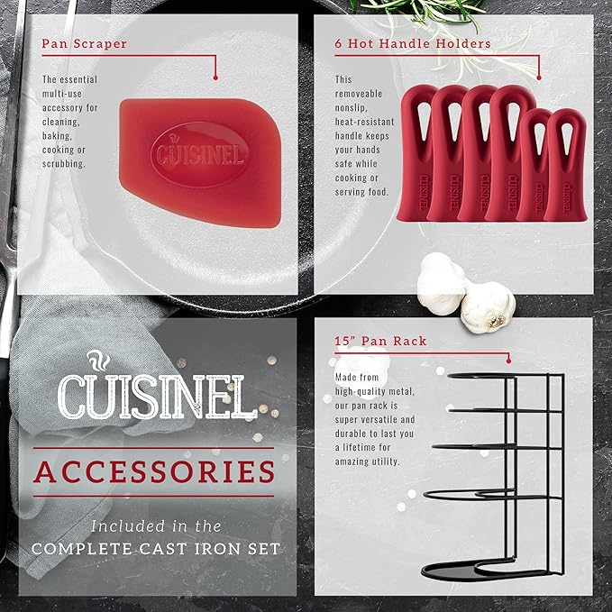 Cast Iron Cookware 18-Piece Set - Pre-Seasoned 6" + 8" + 10" + 12" Skillet + Grill Pan+Lid + Griddle + Pizza Pan + Dutch Oven+Cover/Pan + Panrack + Silicone Handle Cover + Pan Scraper/Cleaner