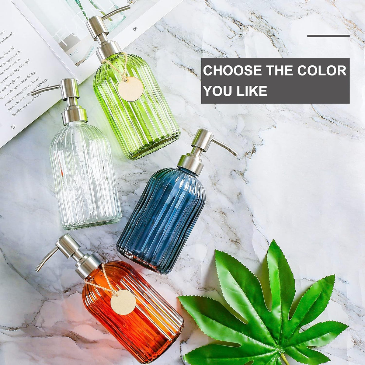 16 OZ Soap Dispenser，Tempered Glass Clear Vertical Stripe with 304 Rust Proof Stainless Steel Pump Refillable Liquid Hand Soap Dispenser，for Bathroom, Kitchen, Dish Soap，Lotion (Blue Grey)