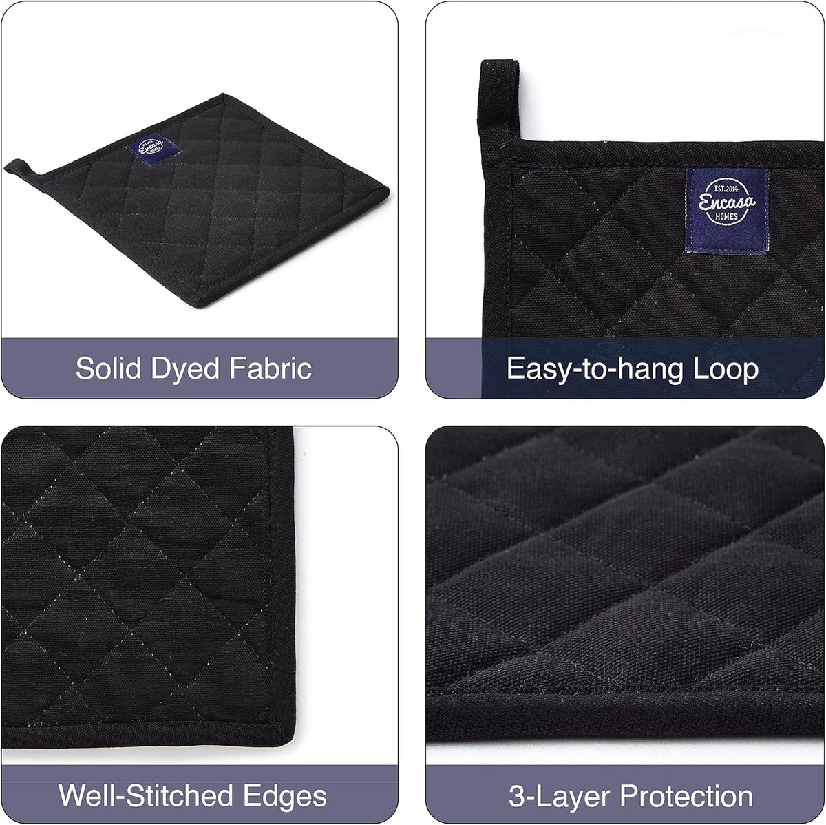 Encasa XO Heat Resistant Cotton Pot Holders with Hanging Loop - Set of 2 - Full Black - Multipurpose Quilted Everyday Hot Pad for Kitchen, Camping, BBQ & Microwave - 8x8 in