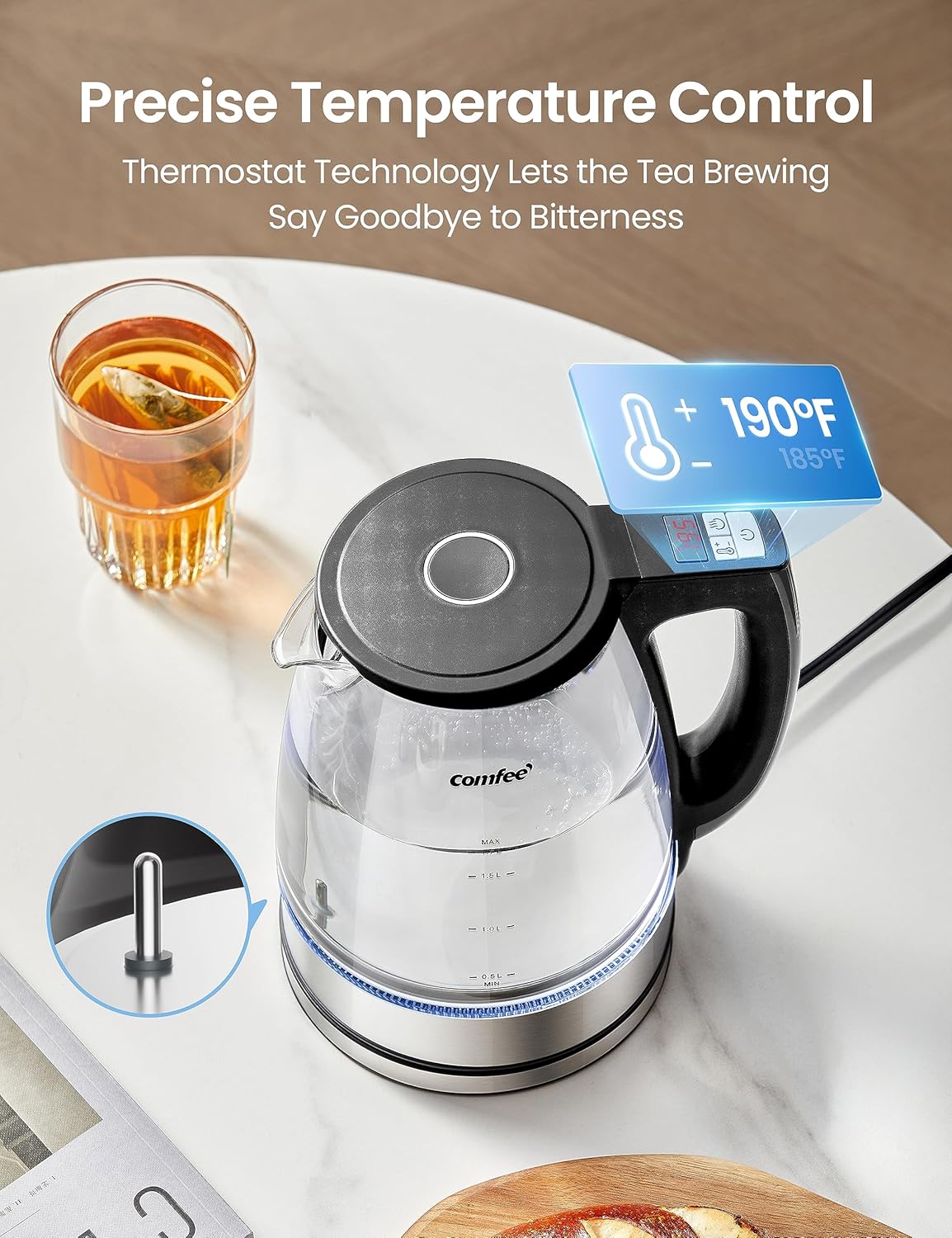 COMFEE' 1.7L Glass Tea Kettle and Kettle Water Boiler - Electric Kettle Temperature Control with 6 Presets, 2-Hr Keep Warm, Fast Heating, 304 Stainless Steel, Auto-Off and Boil-Dry Protection