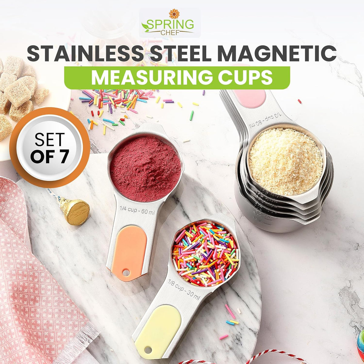 Spring Chef Magnetic Stainless Steel Measuring Cups, Patented, Kitchen Tools with Easy to Read Markings for Measuring Dry or Liquid Ingredients, Set of 7, Pastel