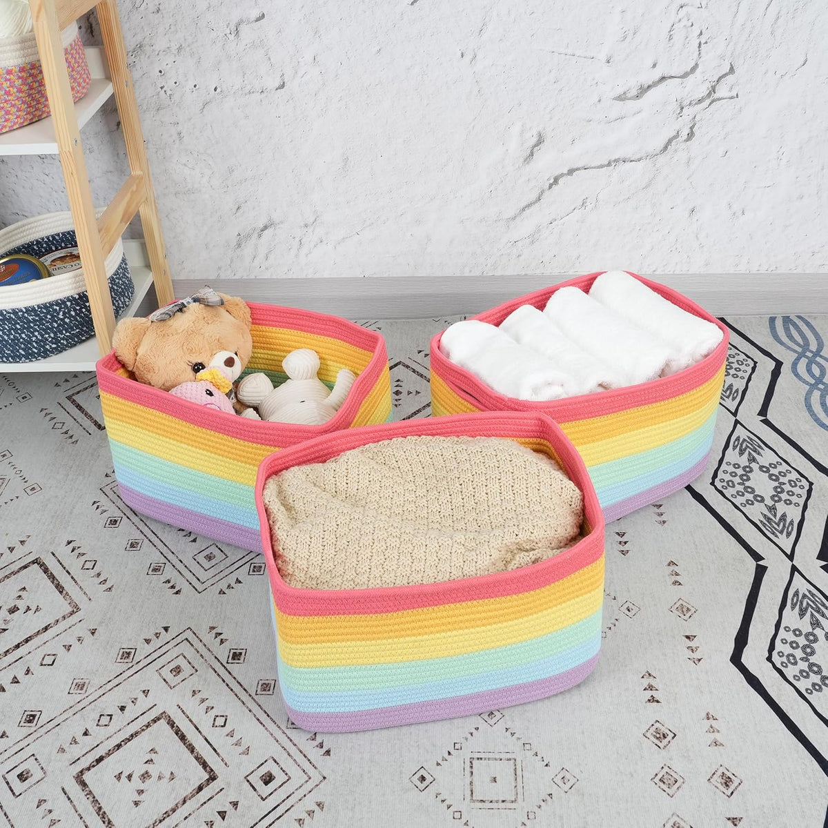 3-Pack Rainbow Storage Baskets 14.5X9.5X9.3“ – Woven Toy Organizer Bins for Kids, Baby Room, Nursery, and Classroom – Cute Square Rope Baskets for Shelves and Organization Rainbow