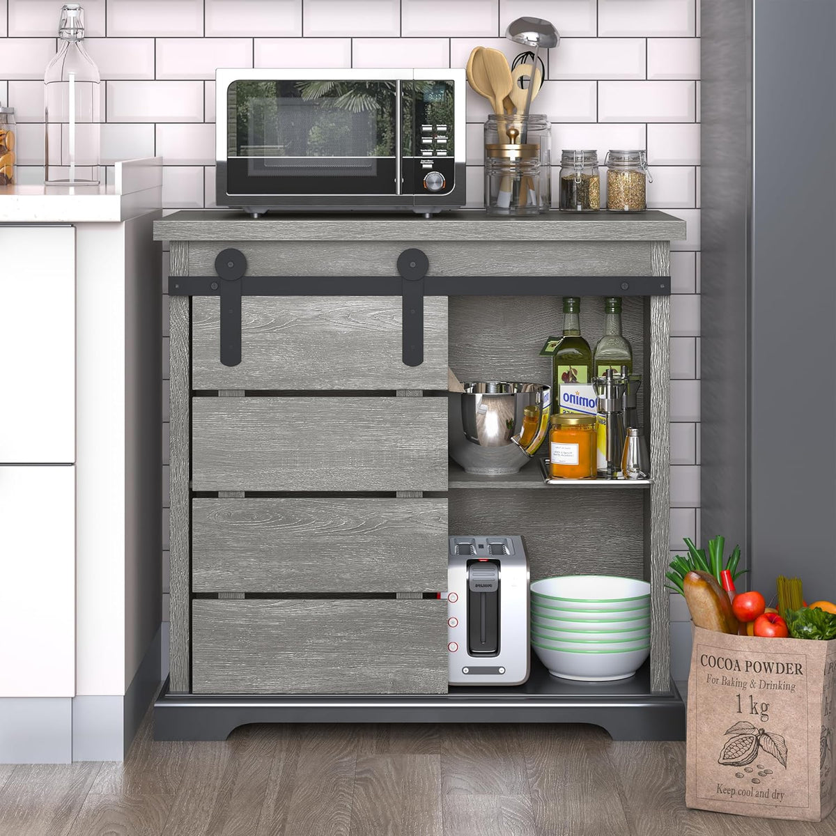 NSdirect Sideboard Coffee Bar Cabinet,Modern Farmhouse Buffet Station Sliding Barn Door Storage Credenza Console with Slat and Shelf Entryway Storage Cabinet Kitchen Dining Living Room, White