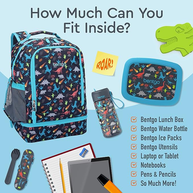 Bentgo Kids 2-in-1 Backpack & Insulated Lunch Bag - Durable 16” Backpack & Lunch Container in Unique Prints for School & Travel - Water Resistant, Padded & Large Compartments (Dinosaur)