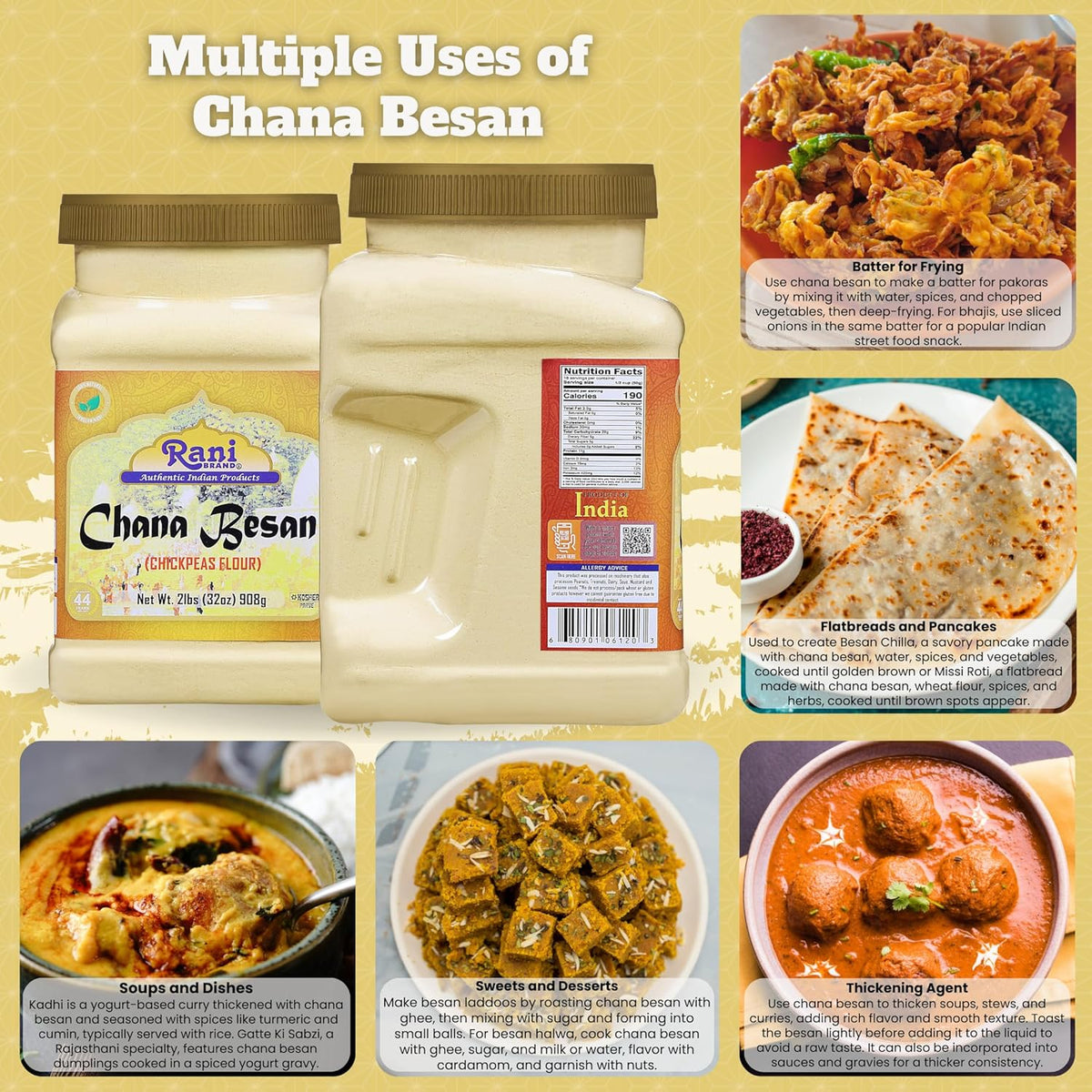Rani Chana Besan (Chickpeas Flour, Gram) 32oz (2lbs) 908g PET Jar ~ All Natural | Vegan | Gluten Friendly | NON-GMO | Kosher | Indian Origin