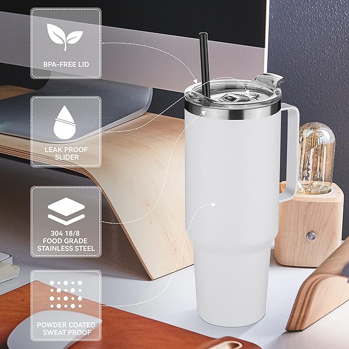 HASLE OUTFITTERS 40 oz Stainless Steel Tumbler with Handle, Vacuum Insulated Tumblers Bulk, Reusable Double Wall Travel Coffee Mug, Durable Powder Coated Water Bottles(White, 8)