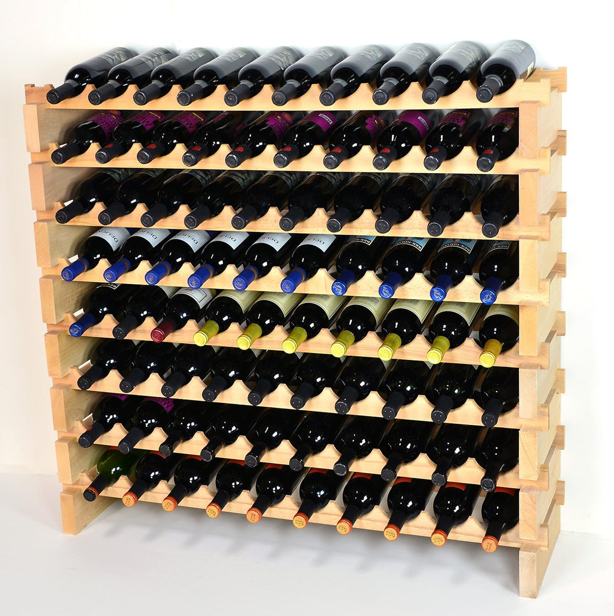 sfDisplay.com,LLC. Modular Wine Rack Beechwood 40-120 Bottle Capacity 10 Bottles Across up to 12 Rows Newest Improved Model (80 Bottles - 8 Rows)