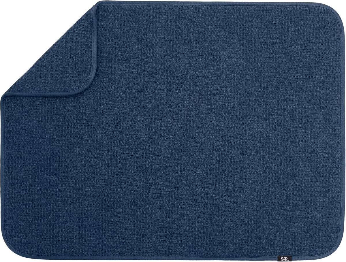 S&T INC. Dish Drying Mat XL, 18” x 24”, Absorbent Microfiber Kitchen Counter Mat, Dish Drying Pad for Dishes, Utensils, Pots and Pans, Extra Large, Navy