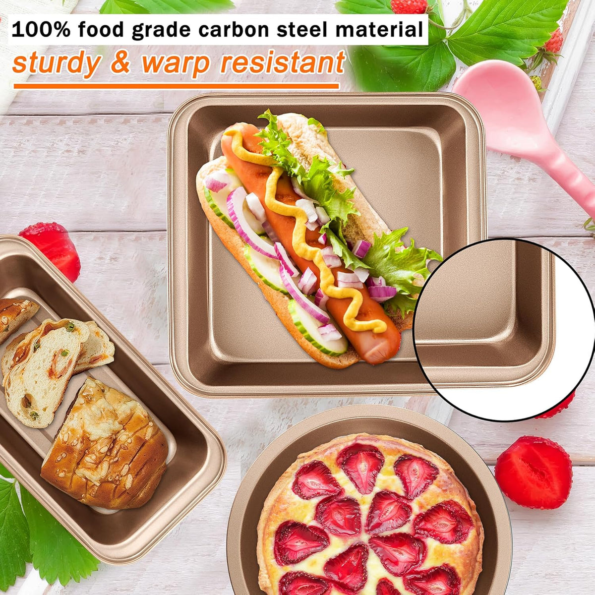 Nonstick Baking Pans Set, 5-Piece Kitchen Baking Sheets for Oven, Bakeware Sets with Round/Square Cake Pan, Muffin Pan, Loaf Pan, Roast Pan, mobzio Cookie Sheet Set Baking Supplies (Champagne Gold)