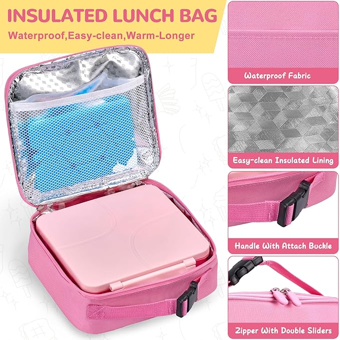 MAXSO Bento Lunch Box Set with 8 oz Soup Thermo, Kids Leakproof 4 Compartments Hot Food Container with Sauce Cup, Ice Pack and Lunch Bag, Child Insulated Food Jar for School - Pink