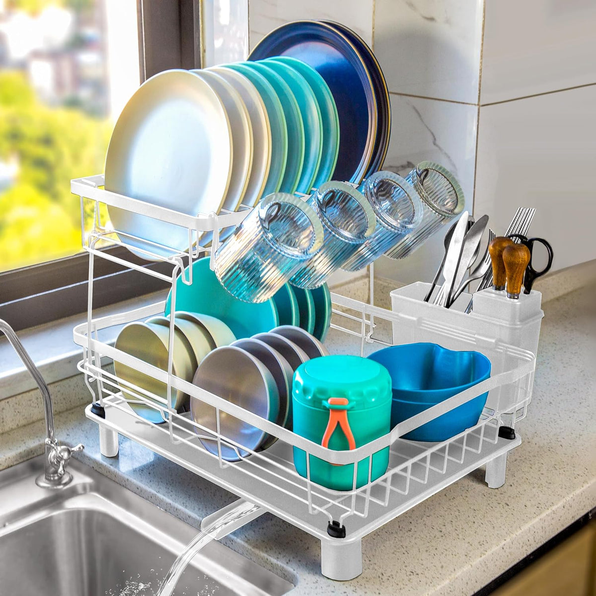 2-Tier Dish Drying Rack for Kitchen Counter,Space-Saving Dish Rack with Drainboard,Rustproof Countertop Dish Drainer with Utensil Holder for Sink,White