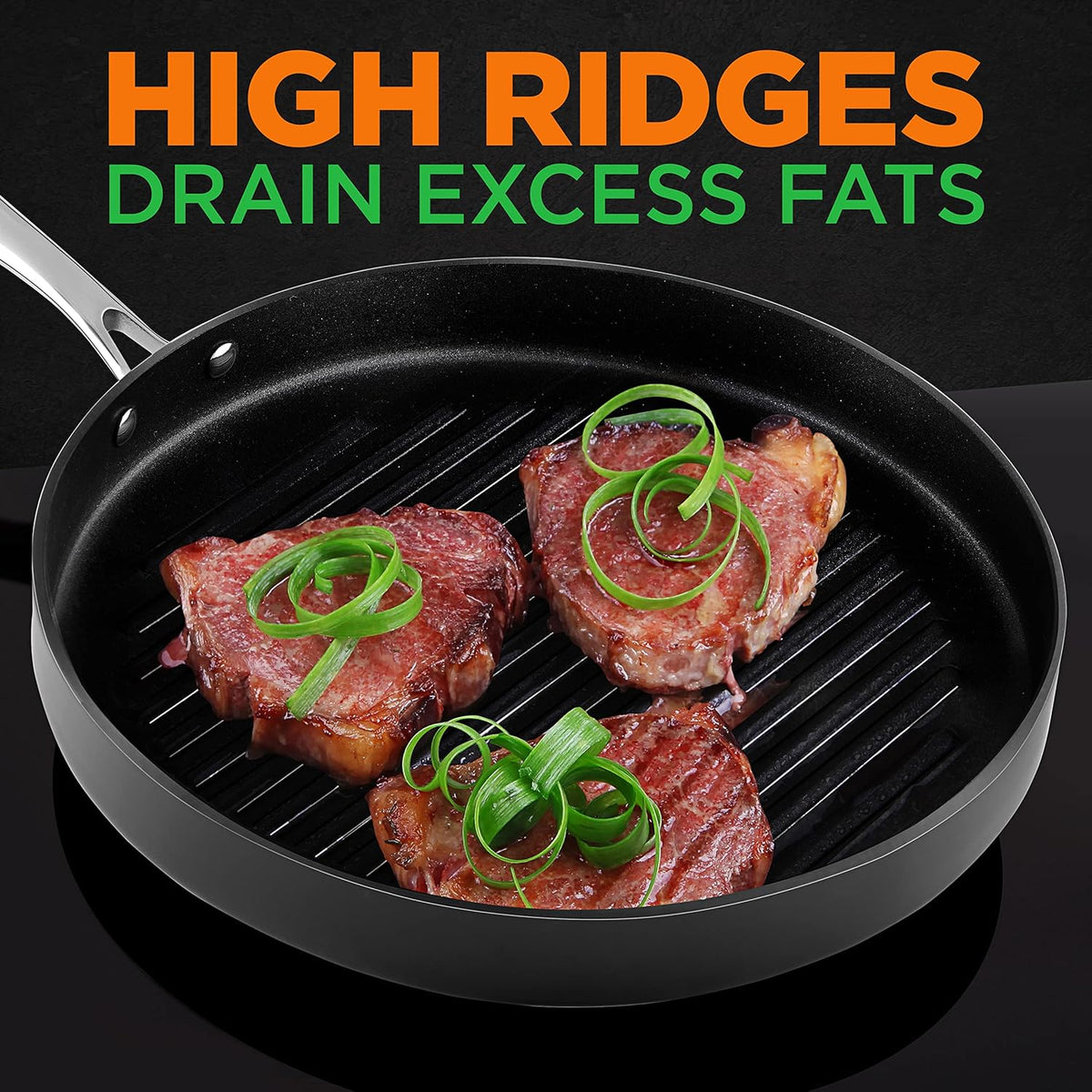 NutriChef Anodized Non-Stick Grill - Dishwasher Safe Nonstick Grill Pan Heavy Gauge Aluminum Body with Hard Anodized Surface for Even Heating, Max Temperature: 500° Fahrenheit (260° Celsius)