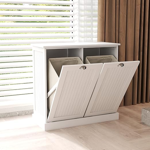 RASOO Double Tilt Out Trash Cabinet White Free Standing Laundry Sorter Cabinet with Removable Two-Compartment Tilt-Out Hamper Clothes Basket