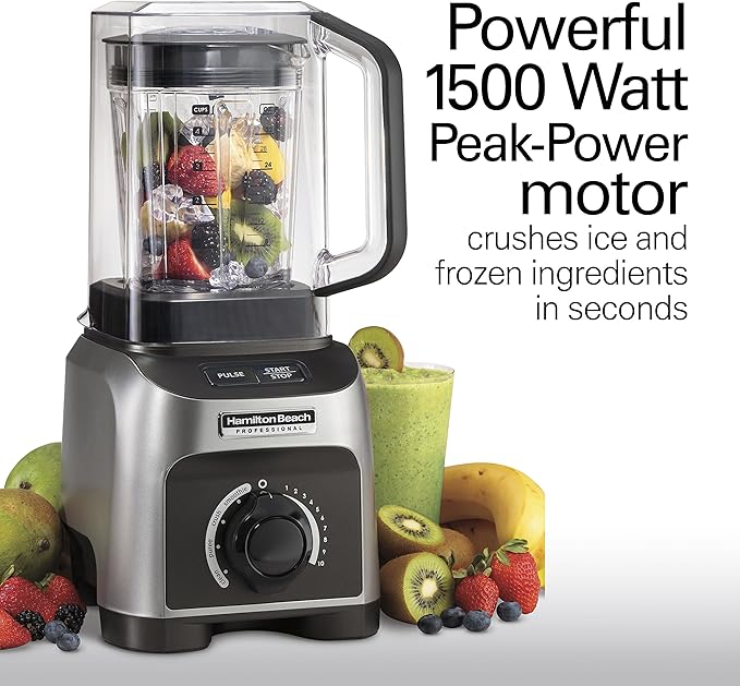 Hamilton Beach Professional Quiet Shield Blender, 1500 Watts Peak Power, 32oz BPA Free Jar, 4 Programs & Variable Speed Dial for Smoothies, Ice Crush, Puree, Silver (58870)