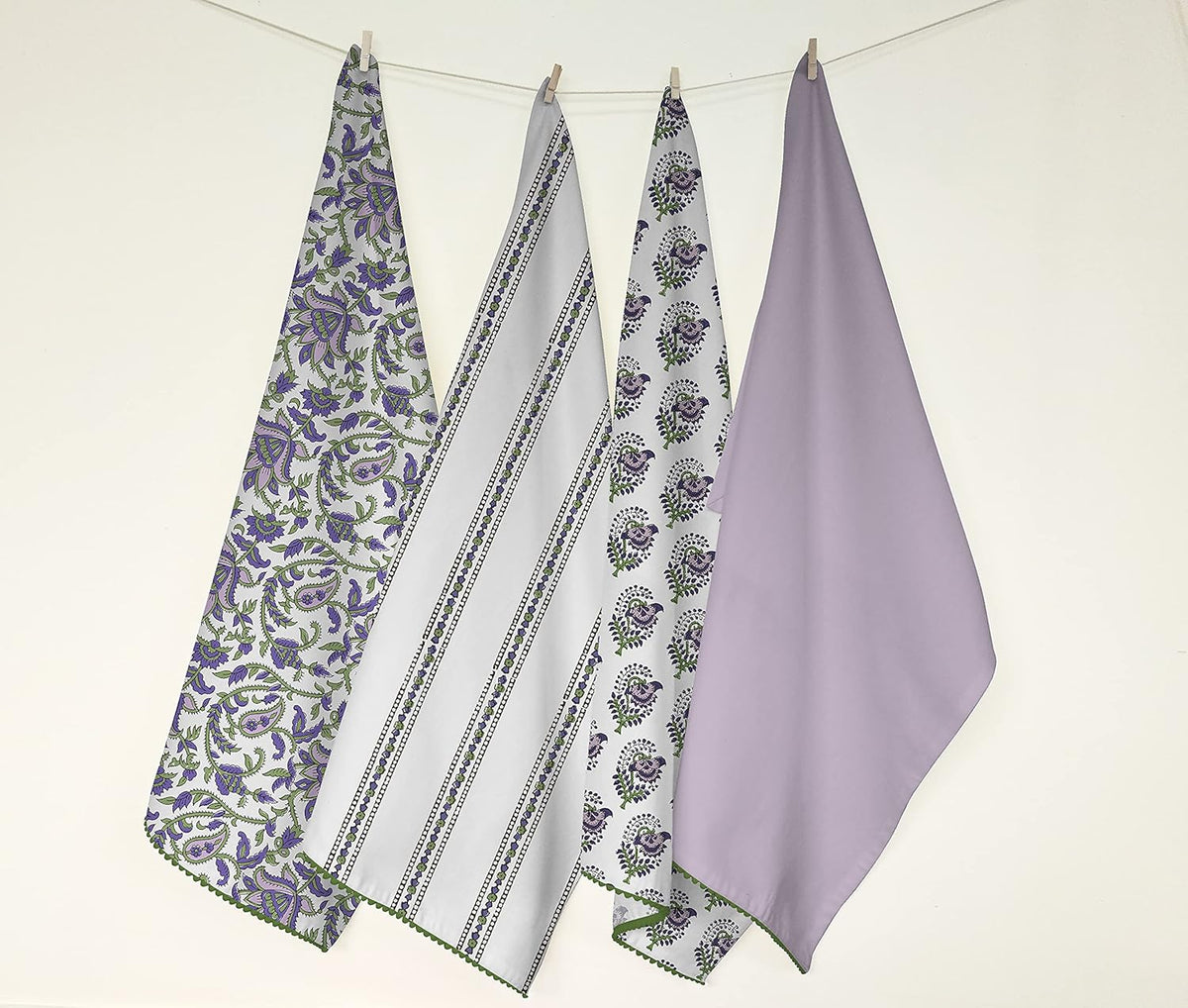 Printed Kitchen Dish Bar and Tea Towels Cotton, 18x28 inch with Trims, Cotton Dish Towel Sets (White & Purple, Set of 4)