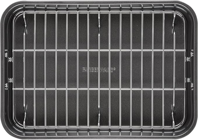 Farberware Bakeware Nonstick Steel Roaster with Flat Rack, 11-Inch x 15-Inch, Gray