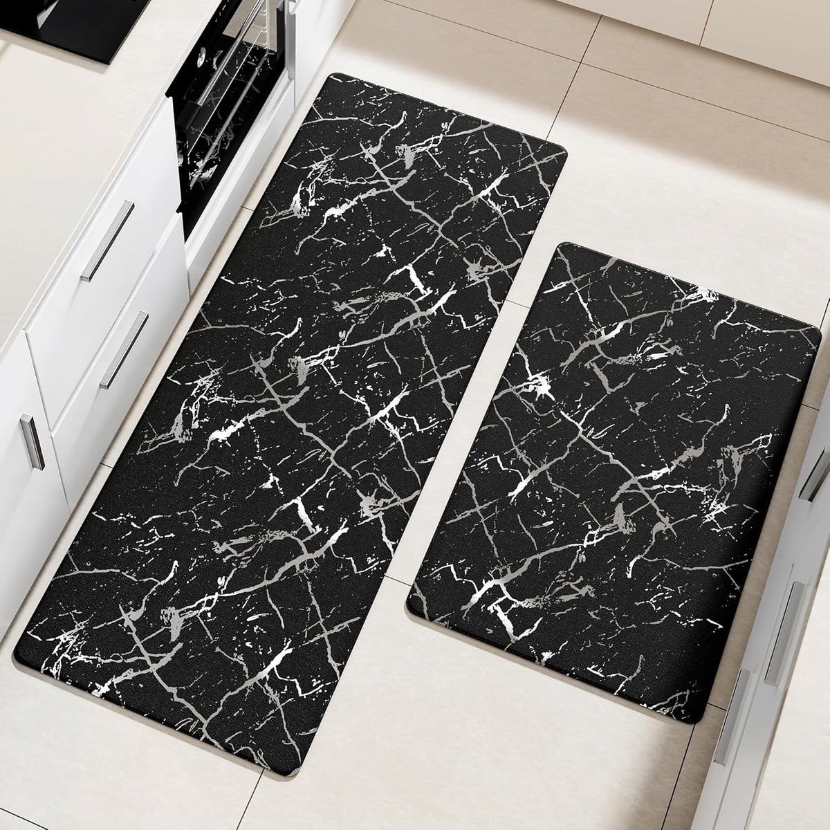 Silver Foil Stamped Marble Kitchen Mats for Floor 2PCS Cushioned Anti Fatigue Non Slip Waterproof Comfort Leather Kitchen Rugs 2/5 Inch PVC Kitchen Mats for Sink, Laundry, 17.3"x28"+17.3"x59", Black