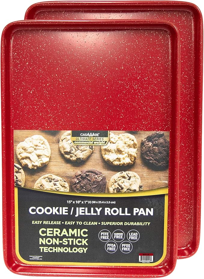 casaWare 2pc Ultimate Commercial Weight 15 x 10 x 1-Inch Cookie Sheet Set (Red Granite)