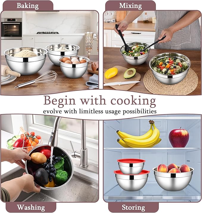 LIANYU Stainless Steel Mixing Bowls with Leak-Proof Lids, 3 Pieces Stainless Steel Deep Nesting Mixing Bowls for Kitchen Cooking, Storage, Baking, 1.5QT & 3QT & 4.6QT, Red