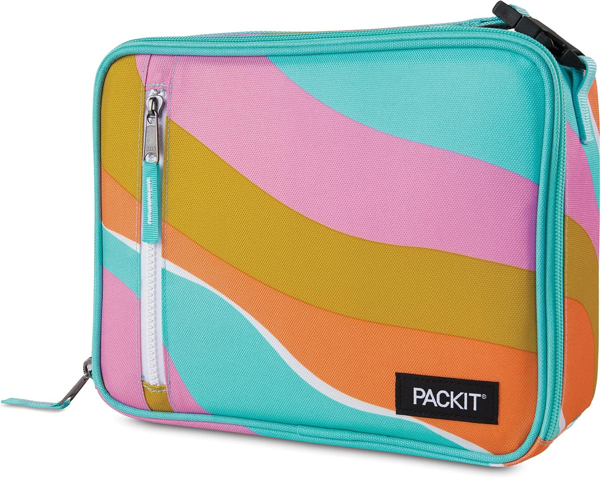 PackIt Freezable Classic Lunch Box, Retro Wave, Built with ECOFREEZE Technology, Fully Freezable, Collapsible, Reusable, With Zip Front Pocket and Buckle Handle, Designed for Fresh Lunch On the Go