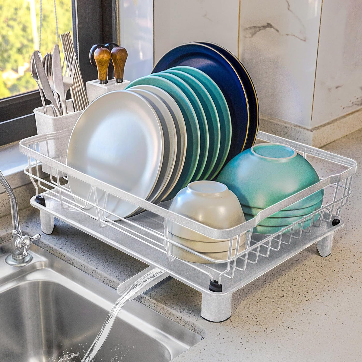 Dish Drying Rack for Kitchen Counter,Space-Saving Dish Rack with Drainboard,Rustproof Countertop Dish Drainer with Utensil Holder for Sink,White
