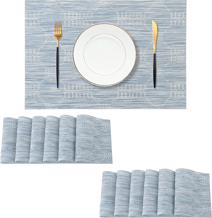Leetaltree Jacquard Blue Placemats Set of 12 - Heat Resistant Non-Slip Place mats for Dining Table, Washable Durable PVC Vinyl Woven Table Mats（Jacquard Blue, 12）
