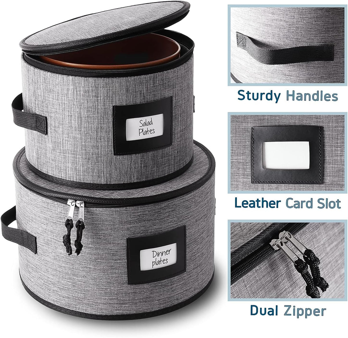 Fine China Storage Containers, 5 Piece Quilted Dish Storage Containers, Mug, Cup, and Plate Dish Organizer with Felt Dividers, Service of 12 Dinnerware Boxes for Moving, Seasonal Organization, Grey