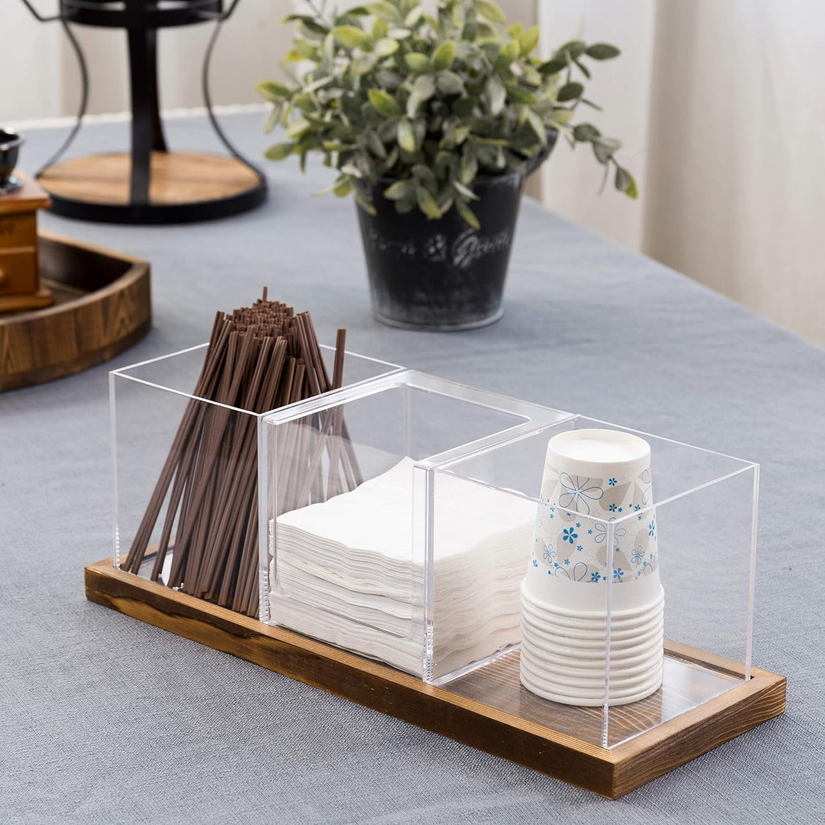 MyGift Modern Modular Coffee and Tea Station Organizer with 3 Removable Premium Clear Acrylic Compartments and Rustic Burnt Solid Wood Decorative Tray, 4 Piece Set