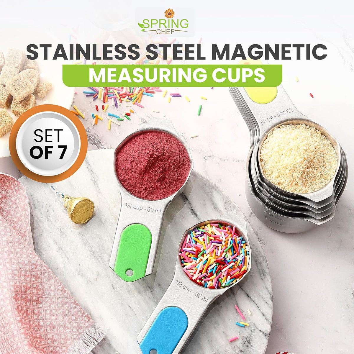 Spring Chef Magnetic Stainless Steel Measuring Cups, Patented, Kitchen Tools with Easy to Read Markings for Measuring Dry or Liquid Ingredients, Set of 7, Neon