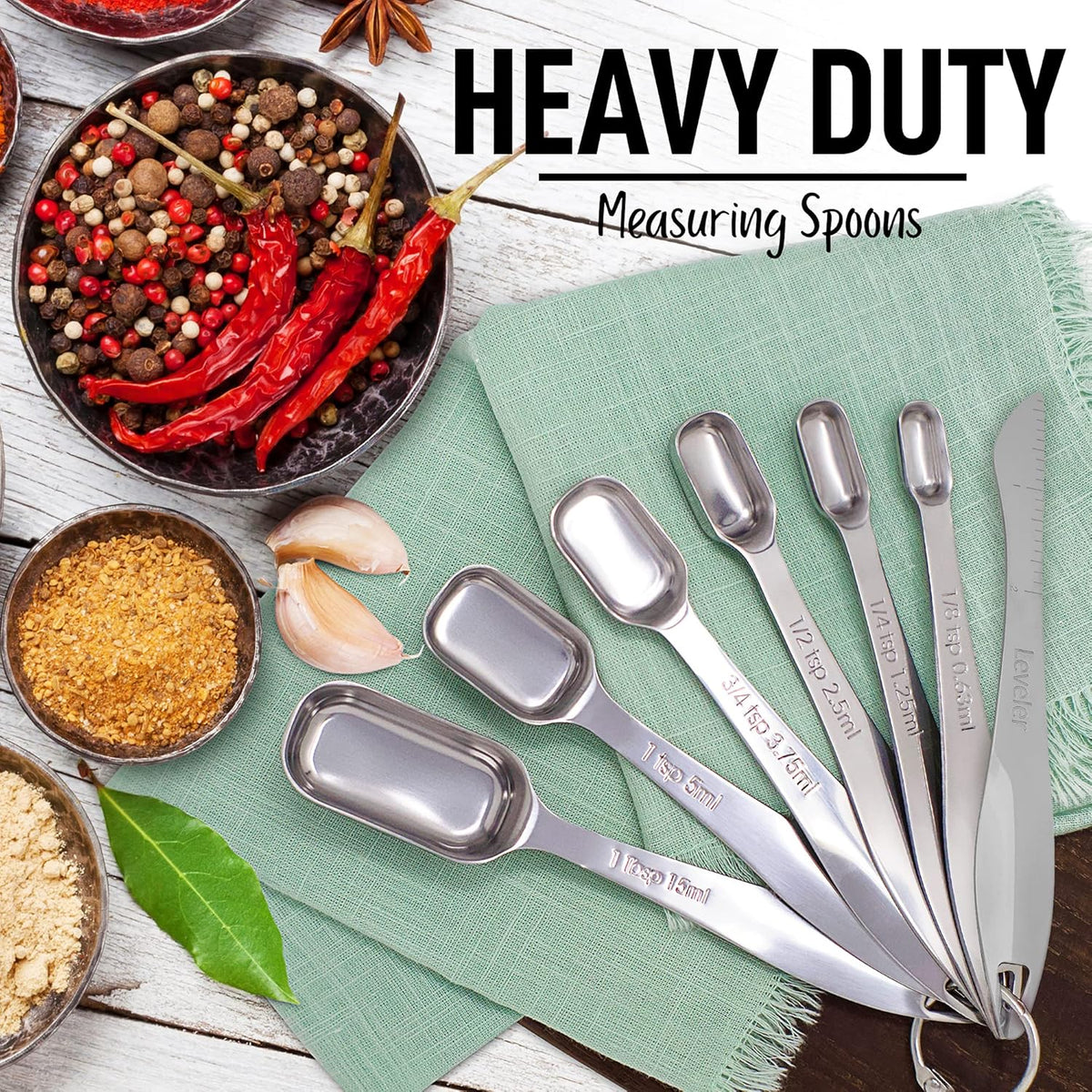 Zulay Heavy Duty Stainless Steel Measuring Spoons with Easy to Read, Slim Design for Narrow Spice Jars, 6 Piece Measuring Spoons with Etched Markings & Removable Clasp, Table Spoons Measuring Spoon