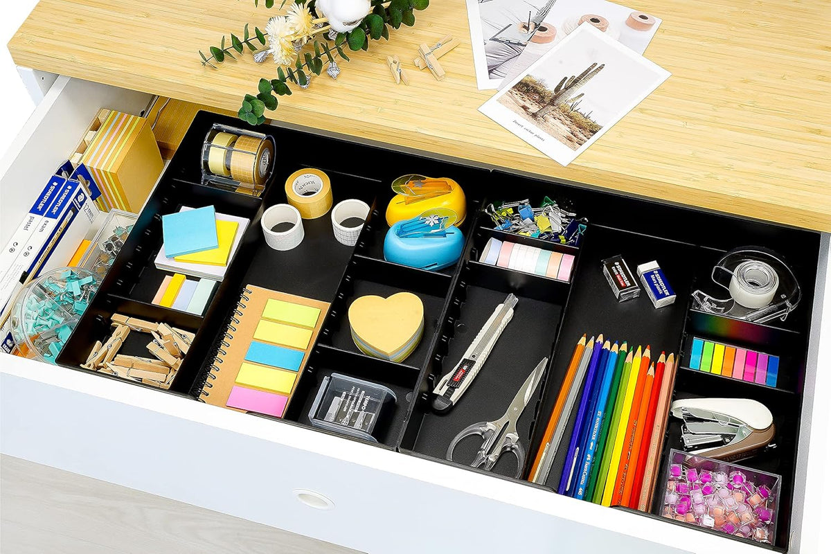 CAXXA 3 Slot Drawer Organizer with 4 Adjustable Dividers - 7 Compartments Junk Drawer Storage for Makeup & Vanity, Office Desk Supplies and Accessories, BLACK (2 pack)
