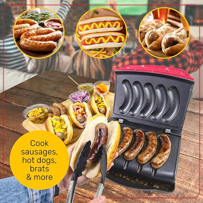 Nostalgia Game Day Sausage and Brat 5 Link Electric Grill with Oil Drip Tray, Carry Handle, and Cord Storage, Cooks Beef, Turkey, Chicken, Veggie Sausages, or Hot Dogs