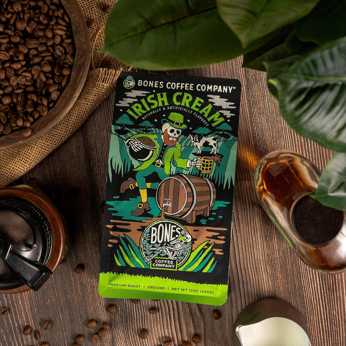 Bones Coffee Company Irish Cream, Creamy Liqueur Flavored Coffee, Medium Roast Low Acid Arabica Beans Compatible with Auto drip and French Press Coffee Maker, 12 Oz Ground