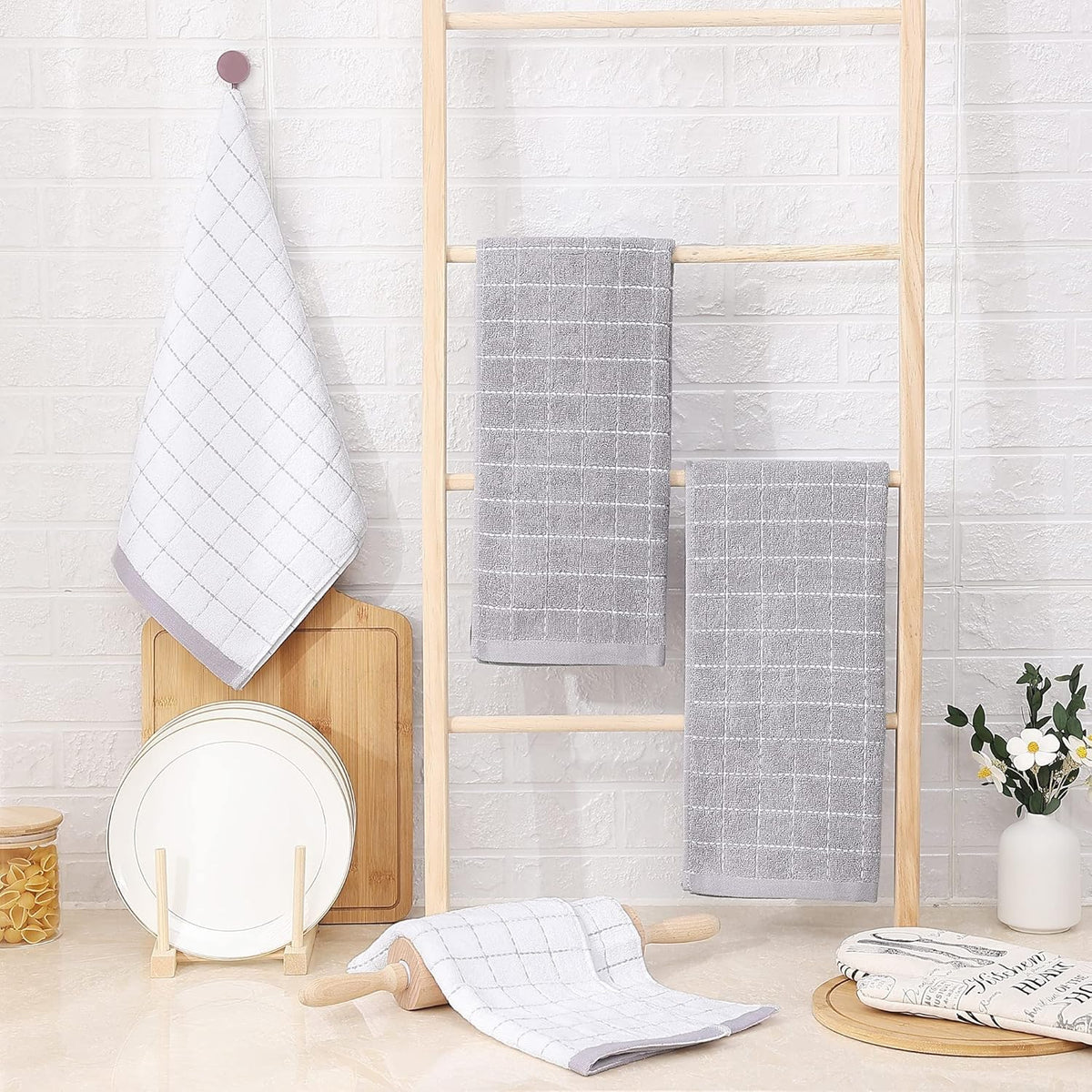 Homaxy 100% Cotton Terry Kitchen Towels(White and Light Grey, 13 x 28 Inches), Checkered Designed, Soft and Super Absorbent Dish Towels, 8 Pack