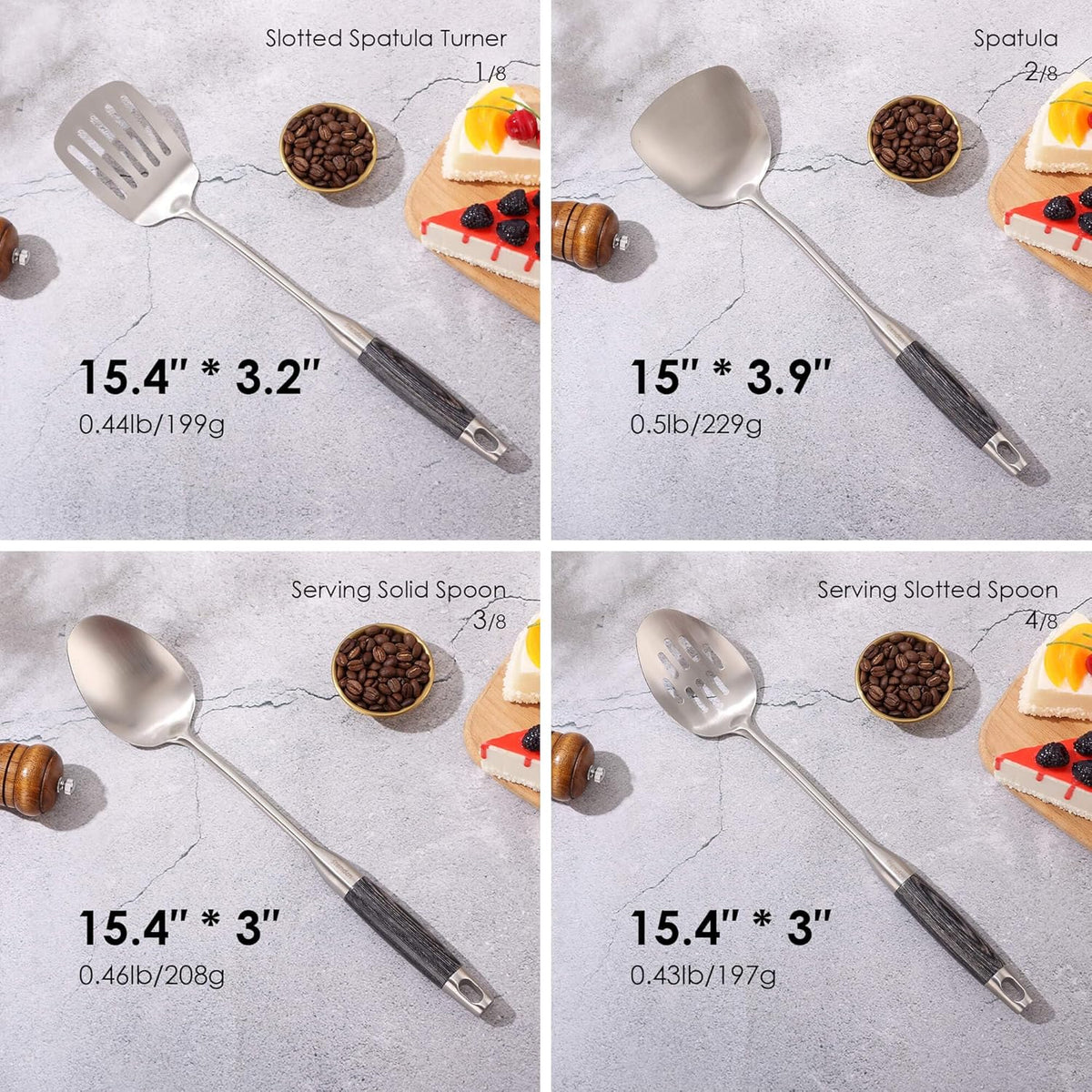 18/10 Stainless Steel Kitchen Utensils Set with Wooden Handle, 8Pcs 15” Long Cooking Utensil Set & Kitchen Gadgets Cookware Set, Serving Utensils-Spatula, Turner, Pasta, Serving Spoon, Skimmer, Ladle
